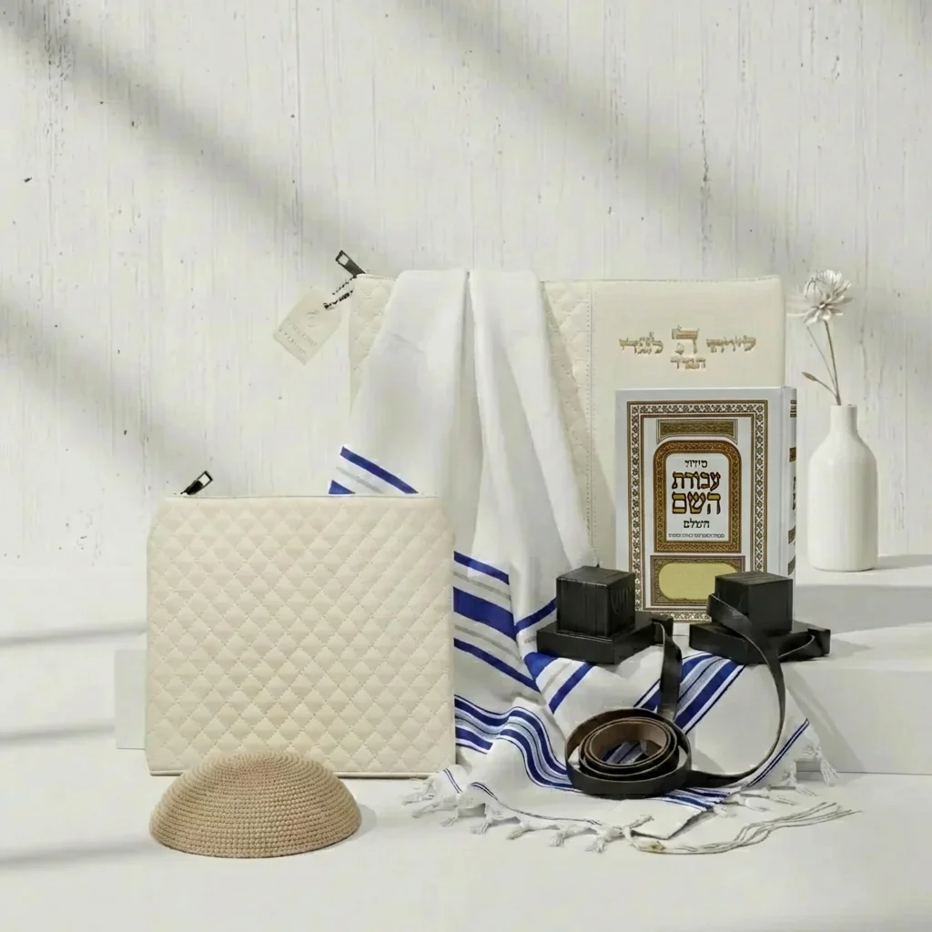 Leatherette Tallit & Tefillin Set 38*31 cm - White with Embossed Letters - Gold