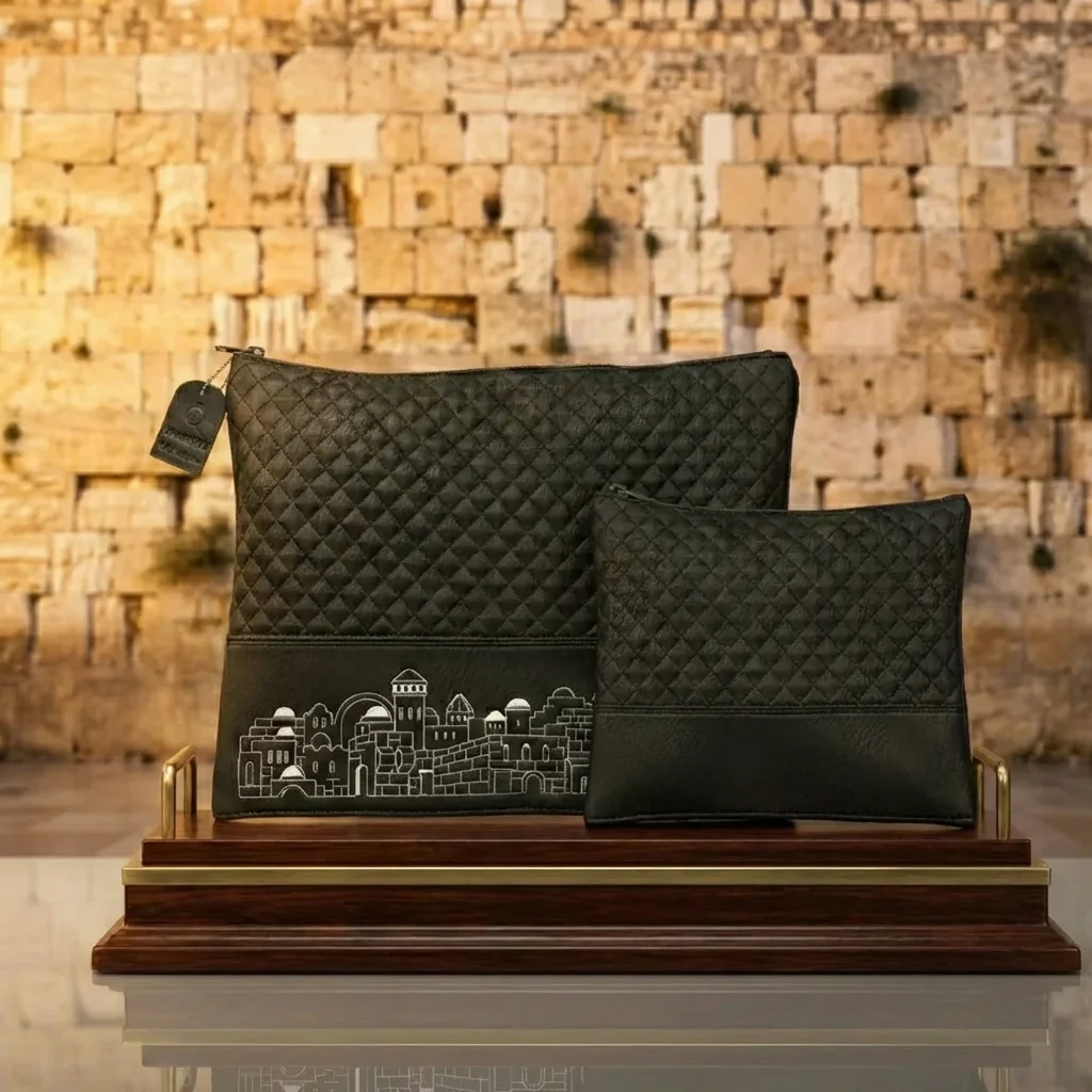 Leatherette Tallit - Tefillin Set 36*29 cm Black with Embossed Texture