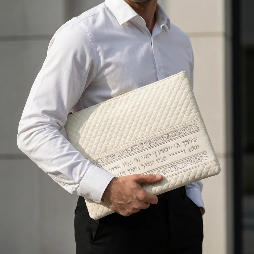 PU Leathere Fabric Talit & Tefilin Set 38*31 cm - White with Embossed Letters