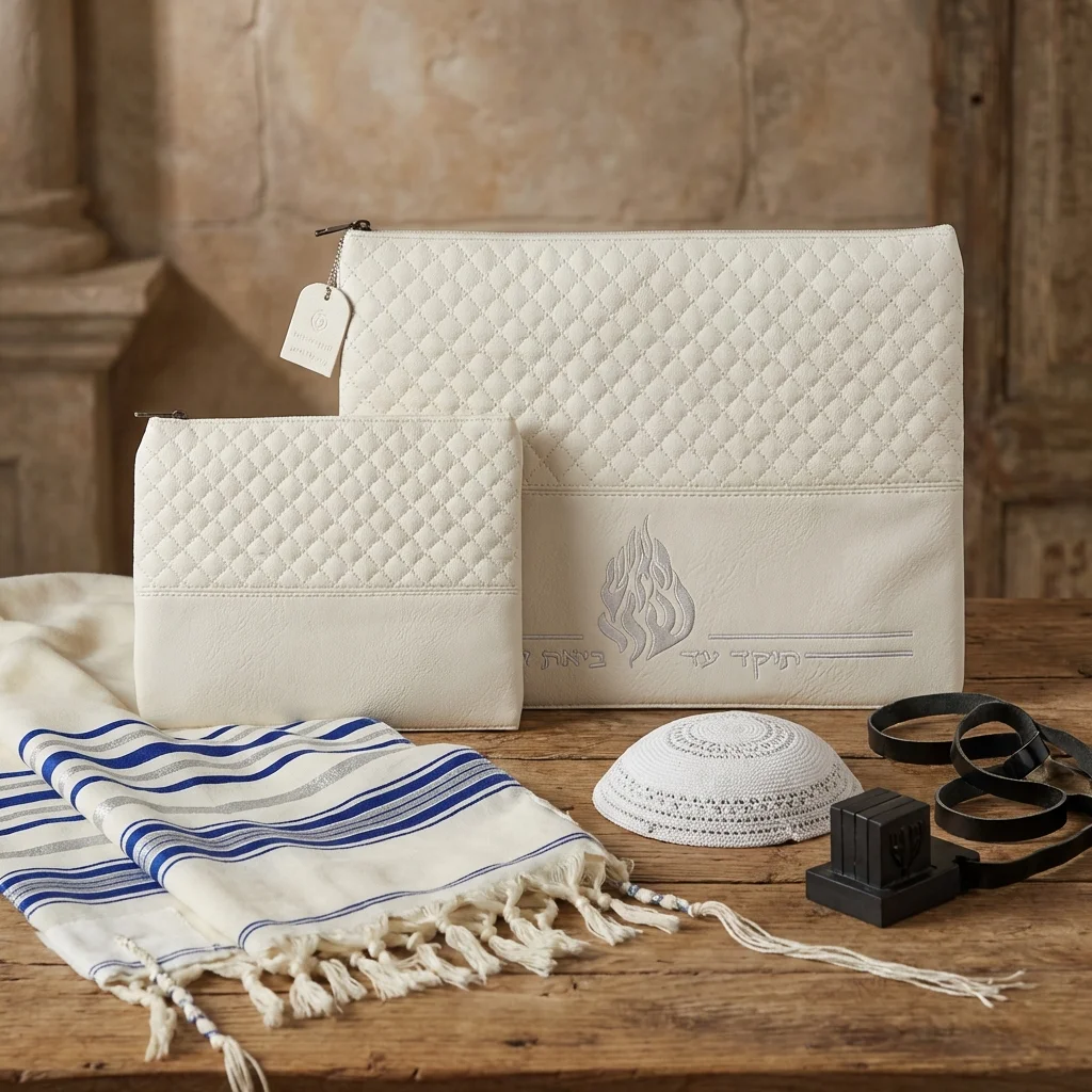 Leatherette Tallit - Tefillin Set 36*29 cm with Embossed Logo - White