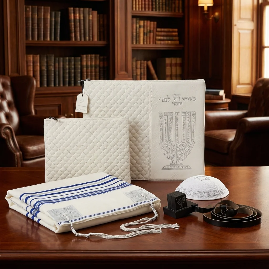 Leatherette Tallit & Tefillin Set 38*31 cm - White with Embossed Letters - Silver