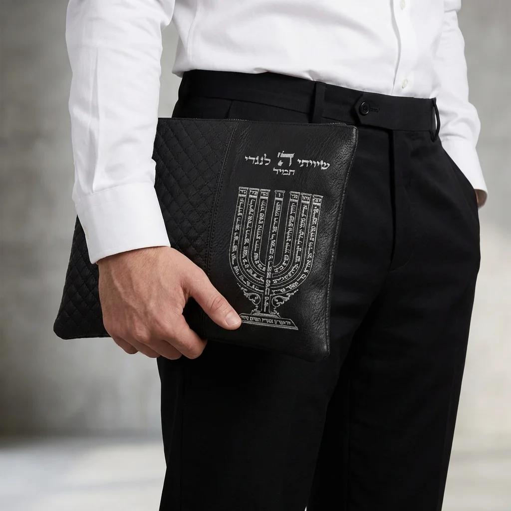 Leatherette Tallit - Tefillin Set 36*29 cm Black with Embossed Letters - Silver