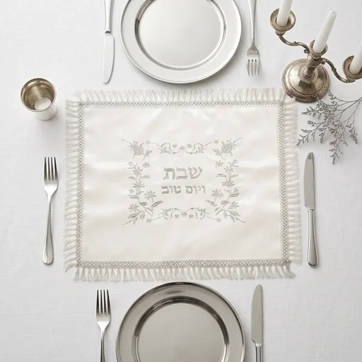 Satin Challah Cover with Embroidery 42x52 cm - White