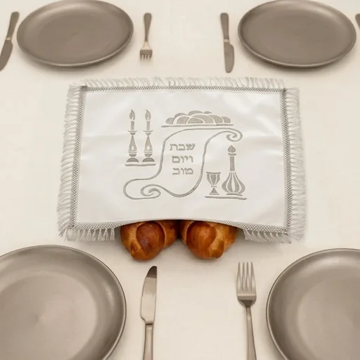 Satin Challah Cover with Embroidery 42x52 cm - White