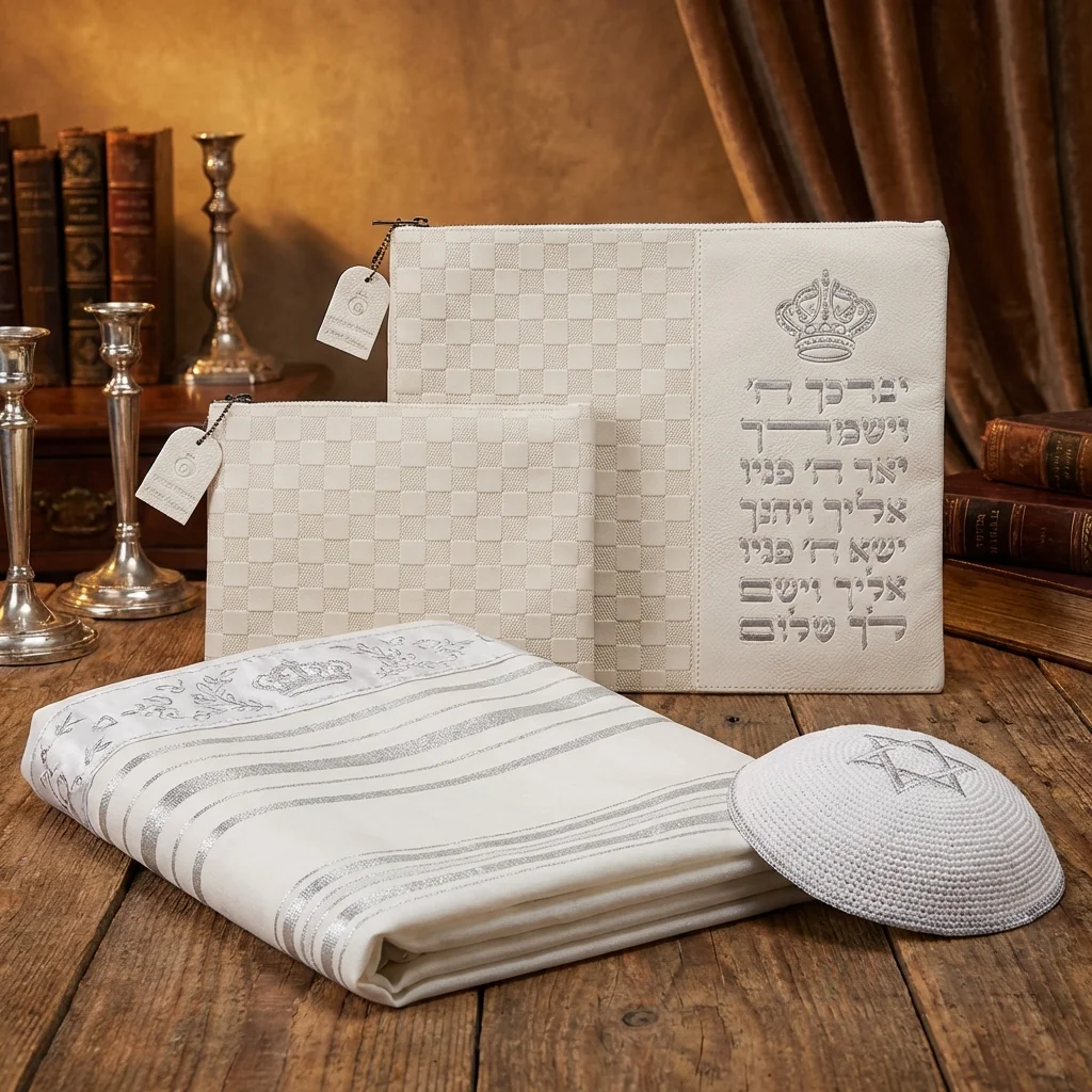 Leatherette Tallit & Tefillin Set 38*31 cm with Embossed Letters - Silver