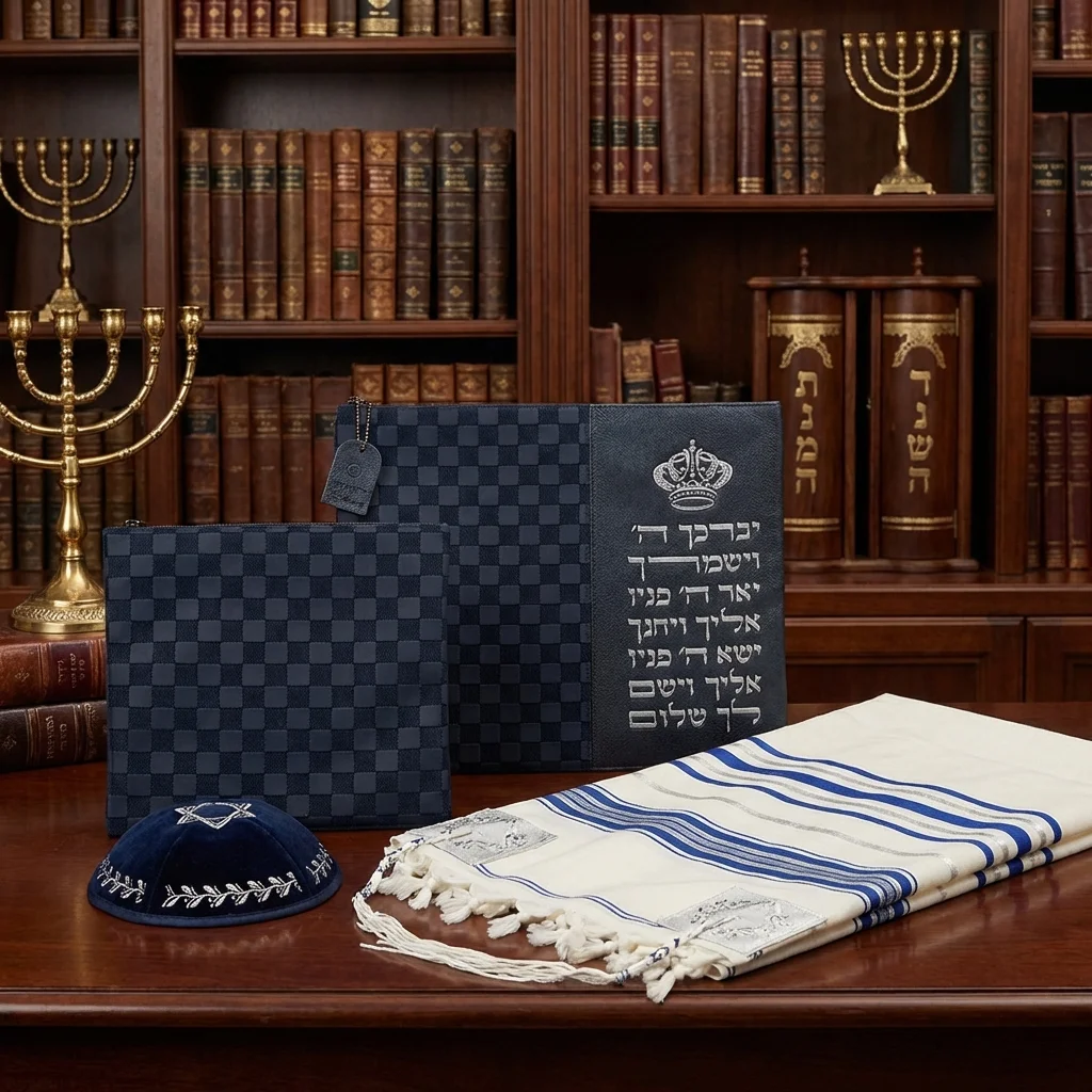 Leatherette Tallit & Tefillin Set 38*31 cm with Embossed Letters - Silver