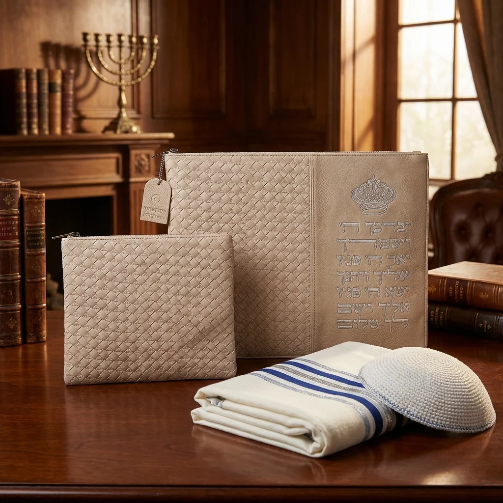 Leatherette Tallit & Tefillin Set 38*31 cm with Embossed Letters - Silver