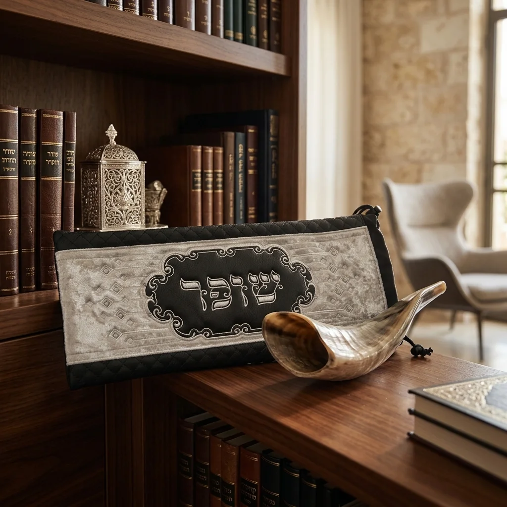Leatherette Shofar Bag 20x42 cm - Black with Embroidery