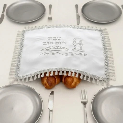 Satin Challah Cover with Embroidery 42x52 cm - White