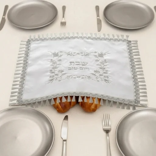 Satin Challah Cover with Embroidery 42x52 cm - White