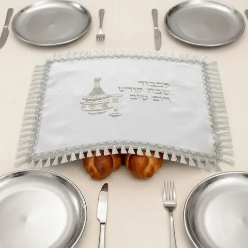 Satin Challah Cover with Embroidery 42x52 cm - White