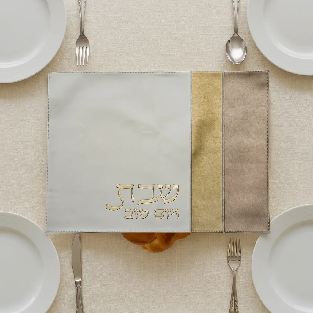 Leatherette Challah Cover 42x52 cm with Embossed Logo - Gold, White