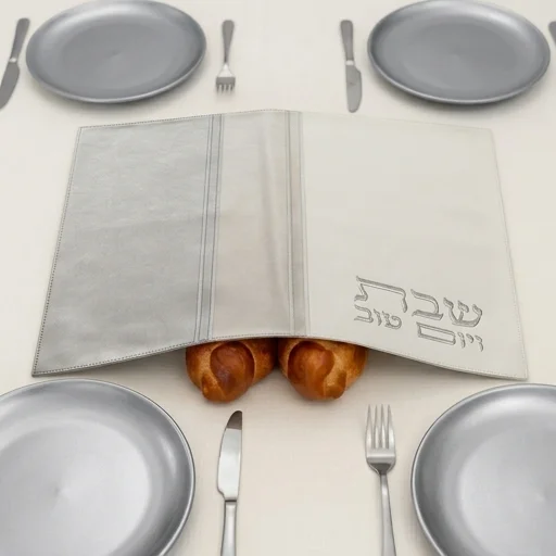 Leatherette Challah Cover 45x55 cm with Embossed Logo - Silver, White