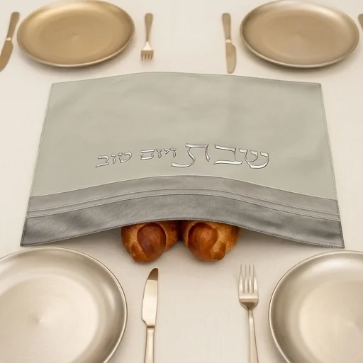 Leatherette Challah Cover 42x52 cm with Embossed Logo - Silver, White