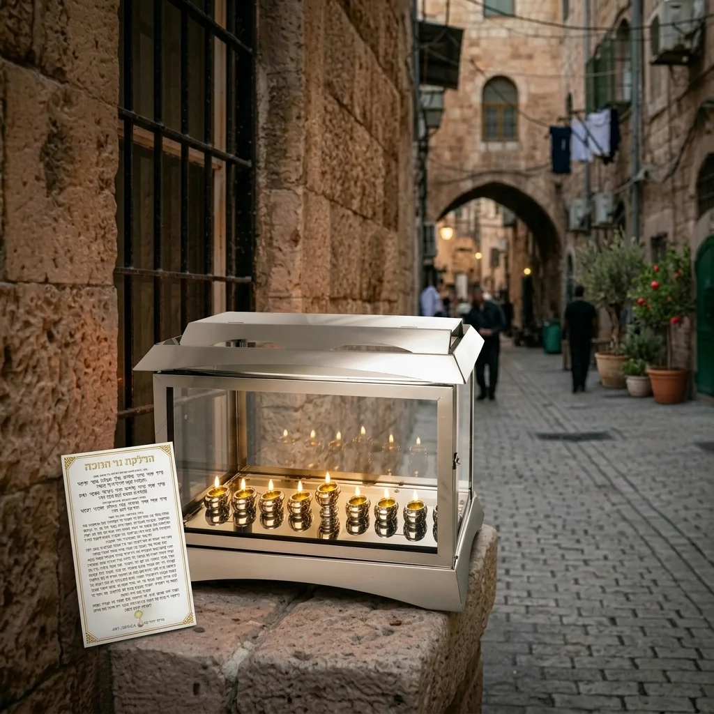 בית חנוכיה "אור הזהב" מהודר ממתכת וזכוכית עם בתי נר בגוון 20×34×44 ס״מ