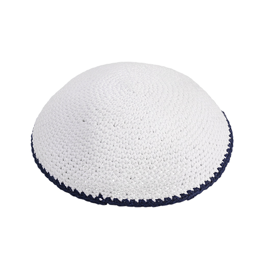 Knitted Kippah 15 cm- White with Blue Line