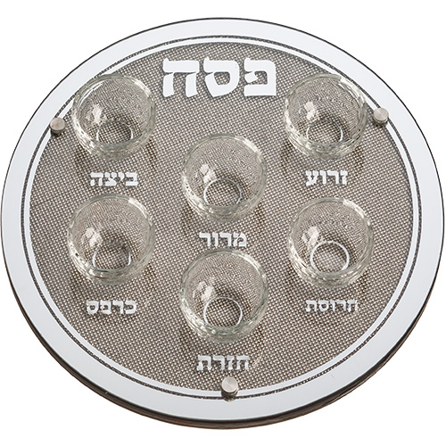 קערת פסח זכוכית מהודר עם 6 בומצים ואבנים 36 ס״מ