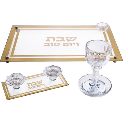 סט גביע קידוש + פמוטים + מגש חלה מקריסטל