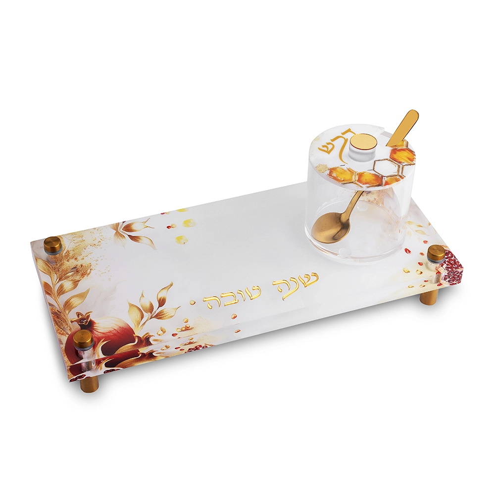 Lucite Set- Tray and Honey Dish 27*12 cm - Shana Tova, Gold